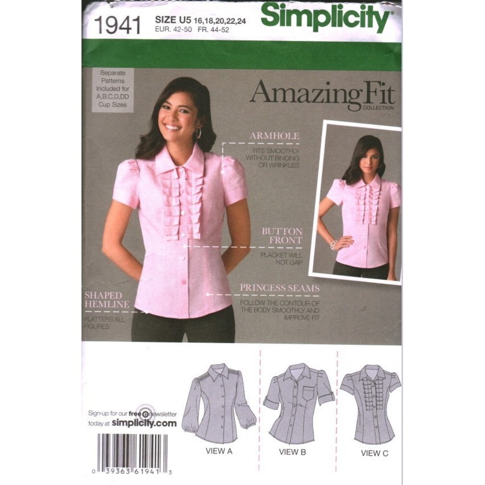 Simplicity 1941 Amazing Fit Misses Blouse Sewing Pattern Size 16 CUT